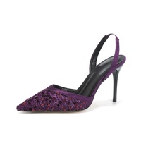 Sandales à talons hauts tendance sexy pour femmes, modèle 2026 OEM ODM, avec talon aiguille violet à sequins, empeigne en maille et fermeture à boucle