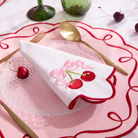 Serviettes de table carrées jetables écologiques en lin, modernes, à bord festonné, avec nœud rose cerise brodé, 40x40cm, pour mariage et fête