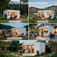 Restaurant en conteneur avec espace de restauration, restaurant modulaire préfabriqué en conteneur maritime avec comptoirs de restauration intérieurs et sièges en plein air