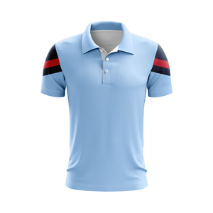 เสื้อโปโลสีฟ้าอ่อนสำหรับผู้ชายพร้อมแขนเสื้อลายทางสีแดงและสีดำสำหรับแฟนรักบี้ NRL ชุดกีฬาระบายอากาศได้ดีสำหรับฤดูร้อน - Product Image 1
