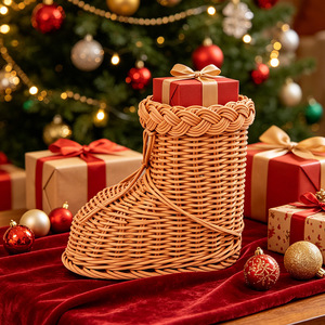 Panier cadeau <span class=keywords><strong>de</strong></span> Noël en rotin tressé imitation artisanal, en forme <span class=keywords><strong>de</strong></span> bottes <span class=keywords><strong>de</strong></span> <span class=keywords><strong>neige</strong></span>, pour emballage créatif - Product Image 1