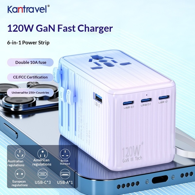 Global Travel Adapter 120W Fast Charging Plug Mobile Phones Computers GaN Converter Socket for European & American Students