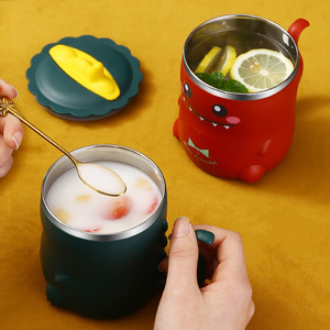Tasse de soupe au lait et <span class=keywords><strong>en</strong></span> acier inoxydable, <span class=keywords><strong>pour</strong></span> enfants, avec poignée de couvercle, design dessin animé, mignon, dinosaure, 1 pièce - Product Image 3