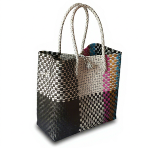Black White Patchwork Woven <b>Tote</b> Bag Eco Friendly <b>Plastic</b> Strapping Basket Waterproof Beach Travel Shoulder Handbag Waterproof - Product Image 1