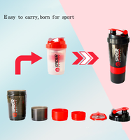 Vente en gros de shaker en plastique pour sport protéiné de 500ml avec logo personnalisé bouteille d'eau pour la gymnastique en poudre mélange d'exercices 3 compartiments sans Bpa