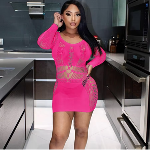 2024 produk baru gaun Mini jaring tembus pandang berongga pakaian klub pesta <span class=keywords><strong>Neon</strong></span> Solid <span class=keywords><strong>Lingerie</strong></span> Wanita Bodycon seksi - Product Image 5