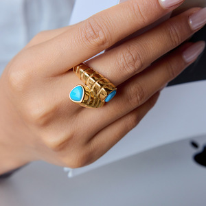 Geometric Gold Stainless Steel <b>Ring</b> With Blue <b>Turquoise</b> Inlay Unisex Fashion Jewelry Gift - Product Image 3