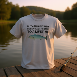 Divertente maglietta con meme: Acquista una maglietta grafica con stampa 'A Man Eat Fish Teach Fish Man To A Lifetime', unisex, per abbigliamento casual. - Product Image 3
