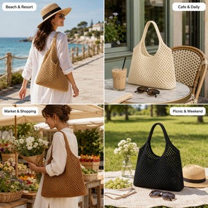 Custom Openwork Woven Straw BeachTote Openwork <b>Knit</b> Summer <b>Bag</b> Single Handle Eco Friendly Market <b>Tote</b> 4 Colors Factory Wholesale - Product Image 4