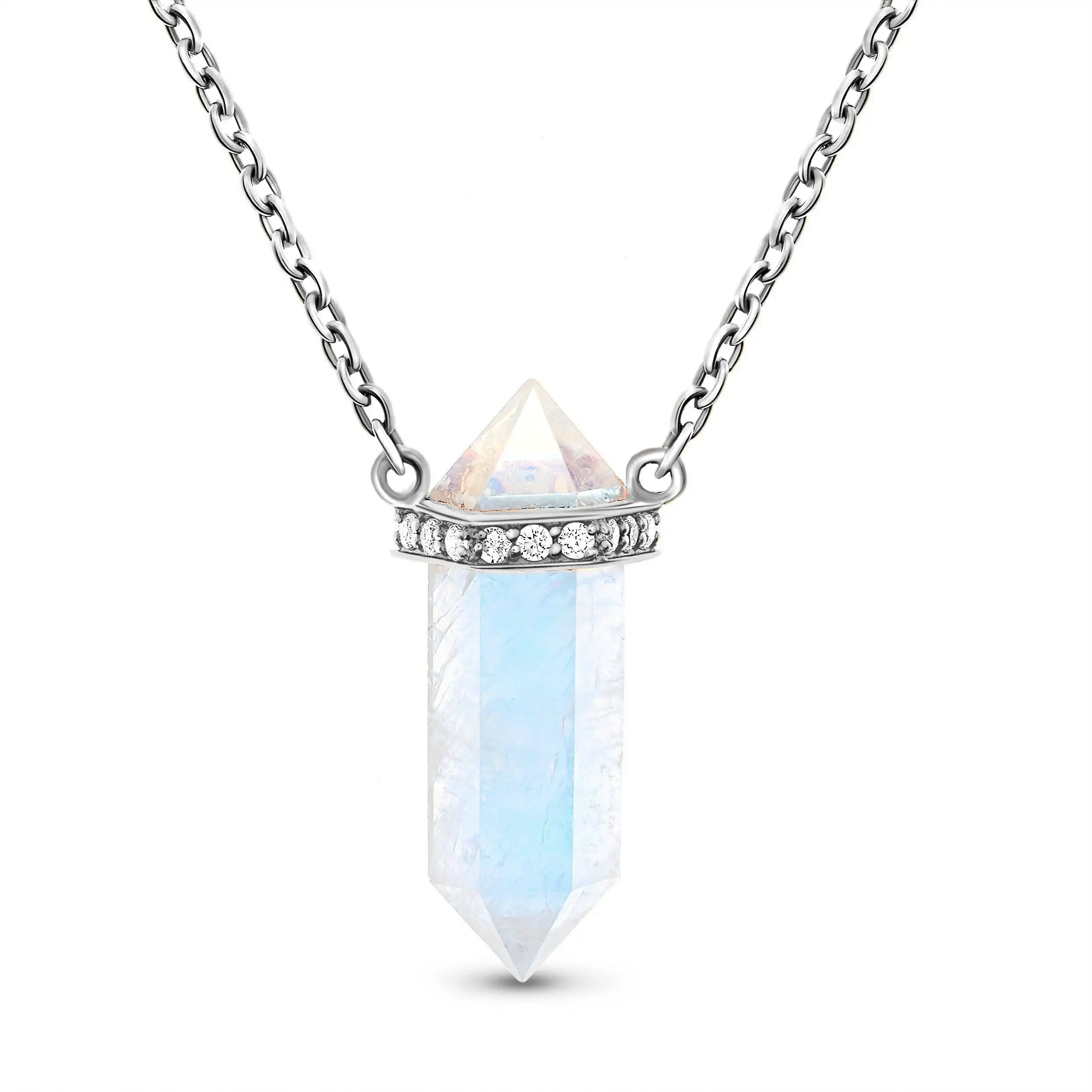 925 Sterling Silver Special Style CZ Natural Stone Jewelry Blue Moonstone Necklace