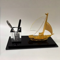 Ensemble de porte-stylos en cristal personnalisé avec ornement de bateau à voile, souvenir d'entreprise haut de gamme, décoration de bureau personnalisée