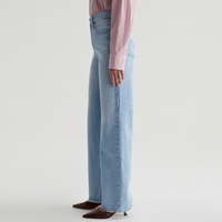 Jean OEM pour femme, taille ultra haute, coupe large, respirant, brodé, à franges, lavable, bleu clair délavé, 100% coton, denim rigide, B2B