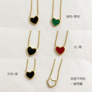 Kalung Baja Tahan Karat Berlapis Emas 18K Liontin Hati Enamel Kerang Hitam + Merah Hijau Putih dengan Dua Warna Berbeda