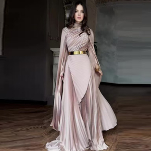 Váy dạ hội kín đáo may đo, kiểu xếp ly, có dây lưng, dáng ôm, tay dài, dành cho người nổi tiếng, đầm dự tiệc, trang phục kín đáo cho người Hồi giáo. - Product Image 1