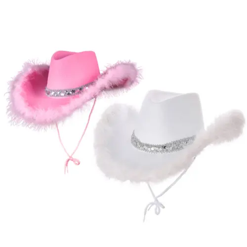 2023 New Pink Western Style Cowgirl Hüte für Frauen Mädchen Rolled Fedora Hüte Party Feather Edge Pink Cowboyhut