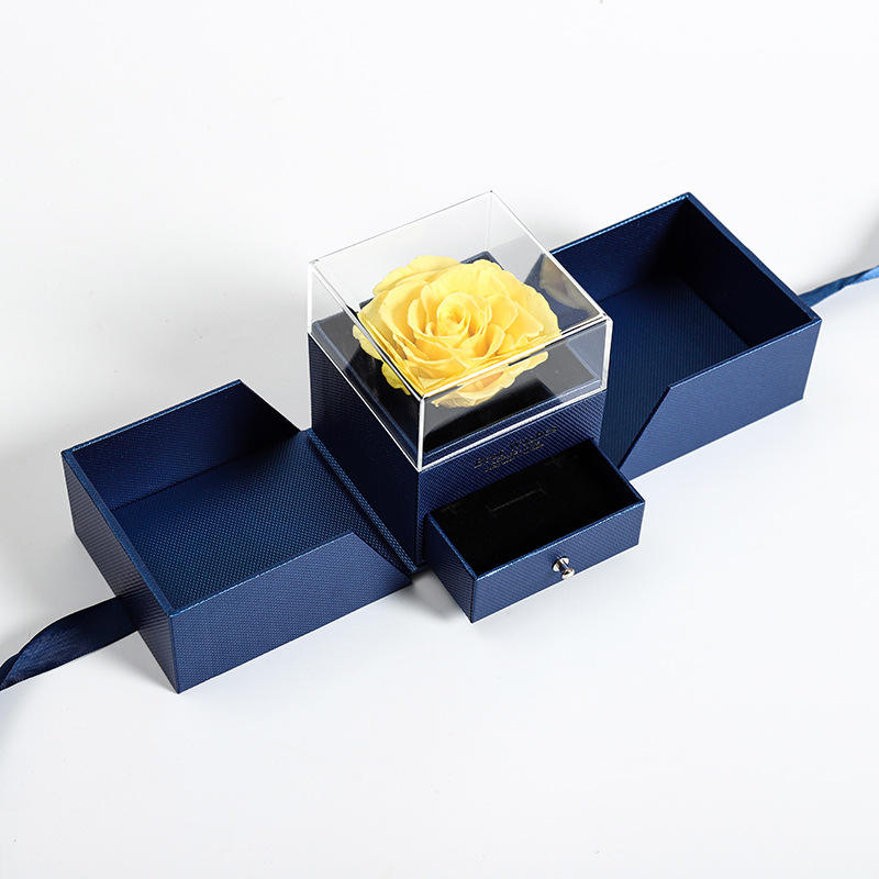 กล่องอะคริลิคสีน้ำเงินเปิดสองด้านลายดอกไม้สีเหลือง