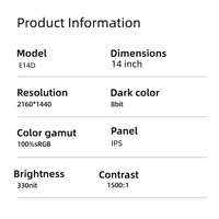 Moniteur portable 14 pouces 2K, écran IPS, HDR 100% sRGB, 16:10, 60 Hz, haut-parleurs intégrés