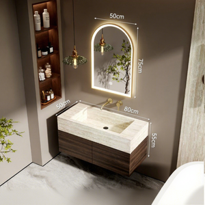 Mueble de Baño de Madera Maciza con <span class=keywords><strong>Lavabo</strong></span> Integrado de Losa de <span class=keywords><strong>Roca</strong></span> de Terracota, <span class=keywords><strong>Lavabo</strong></span> Minimalista de Estilo Japonés para Montar en la Pared - Product Image 1