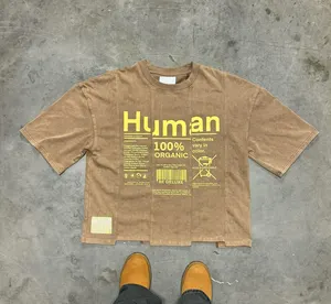 사용자 정의 컷 및 바느질 화면 인쇄 특대 산성 세척 스트리트웨어 면 오목 밑단 자른 티셔츠 남자