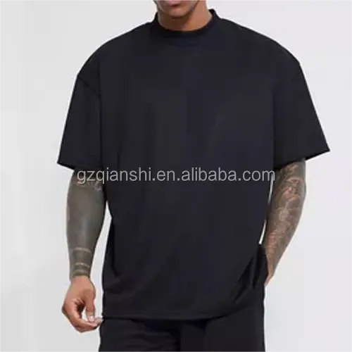 Tshirt crop Unisex kosong kualitas tinggi kaus hitam kotak kustom ukuran besar kaus leher tempat tidur gantung bahu kelas berat katun