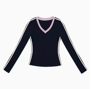 เสื้อยืดแขนยาวคอวีสำหรับผู้หญิงทรงเข้ารูปลำลองลายทางตัดกันสีสันสดใสปิดด้วยซิป PU - Product Image 3