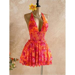 Women's Floral Halter Mini <b>Dress</b> <b>Elastic</b> Waist A-Line Sleeveless Summer Vacation Sundress - Product Image 4