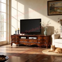 Meuble TV bas vintage en cerisier avec tiroirs, console en bois massif sculpté style farmhouse, meuble TV classique américain pour salon