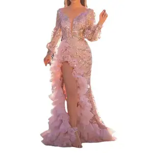 Autumn Long Sleeve Formal Gowns Evening Dresses Long Mesh Tail Sequin Slit Pink Evening Gown Sequin Dress 2022