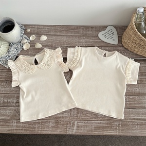 Chemise à manches courtes à col rond et à volants en dentelle, mélange de coton, haut d'été décontracté pour les tout-petits, les filles - Product Image 2