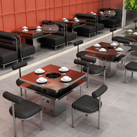 Ensemble de table et chaises de restaurant en cuir orange commercial avec banquette rétractable, structure métallique, pour aire de restauration et café