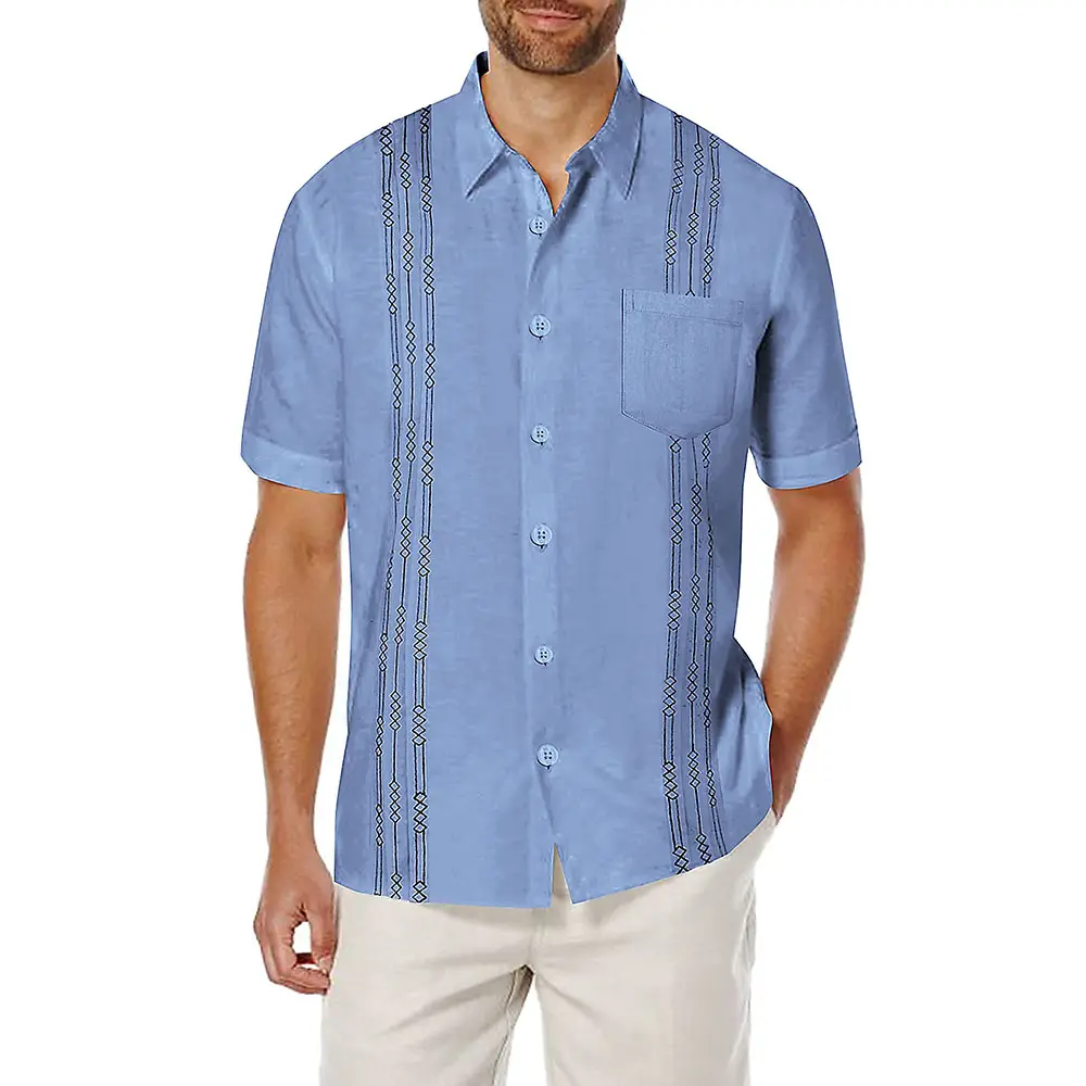 Shinesia Hot Sale Summer Plus Size Mens Short Sleeves Embroidery Breathable Cotton Linen Shirt Beach Guayabera Shirt For Men