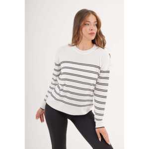 Wholesale <b>Vintage</b> Style Crew Neck Striped Knit <b>Sweater</b> for Women White Long Length Button Decoration Casual for Autumn Beach - Product Image 4