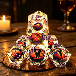 <b>7</b>-Piece Sharp Edge Resin Liquid Core Floating <b>Fire</b> Dragon Eye DND Polyhedral Dice Set With Purple Numbers For Tabletop RPG - Product Image 1