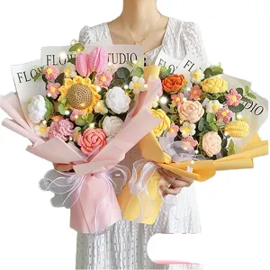 Grand bouquet de fleurs artisanales en tricot, roses et tournesols en <span class=keywords><strong>laine</strong></span> et coton, bouquet de fleurs au crochet pour cadeau - Product Image 3