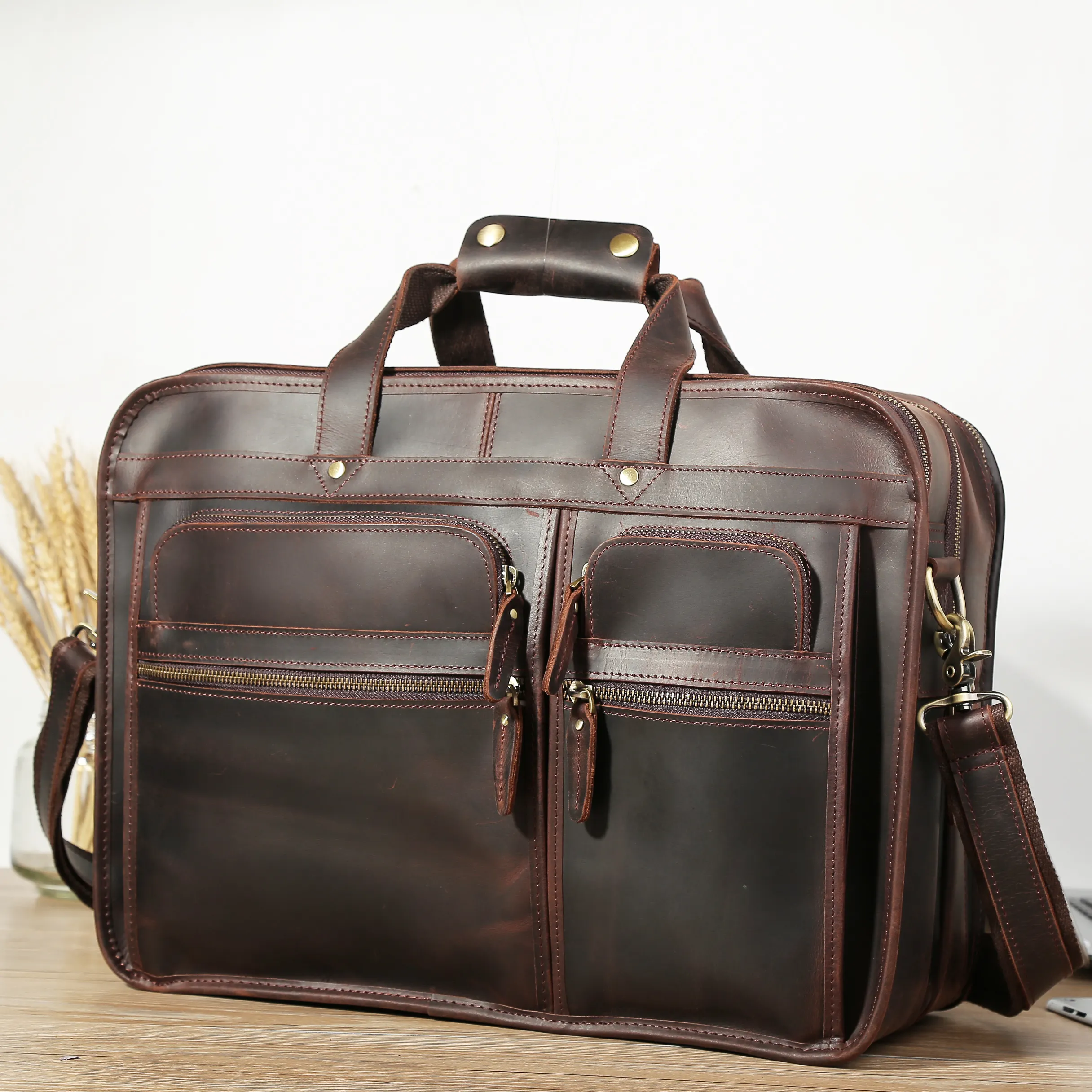 Bagageiro de couro masculino, organização, grande capacidade, marrom claro, retrô, vintage, bolsa de mensageiro, para laptop