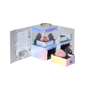 Novel High-end Design Custom Holographic Paper Rigid Double Doors Opening Magnetic Gift Cosmetic Set Packaging Boxes with Ribbon