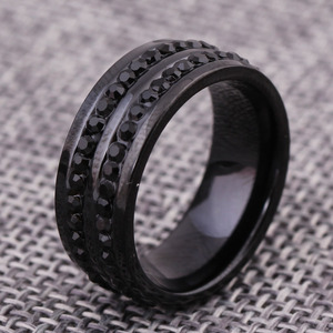 Bague en acier noir et or 6 mm à double rangée de diamants, taille brillant rond, bijou unisexe pour usage quotidien - Product Image 1