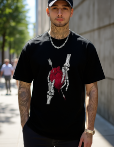 T-shirt Unisex con Stampa Teschio che Tiene un Cuore, in Cotone Morbido, Vestibilità Comoda, Casual, Manica Corta, Girocollo, Lunghezza Regolare, Logo Frontale - Product Image 2