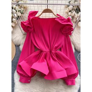 Blus Wanita Elegan Warna Pink dengan Lengan Ruffle - Atasan Lengan Balon Berlipit untuk Pesta & Pakaian Kasual - Product Image 4