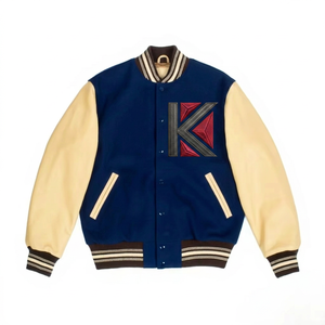 แจ็คเก็ตวาร์ซิตี้สีเบจสำหรับผู้ชาย รุ่น KVJ132 ตัวเสื้อสีน้ำเงินรอยัล แขนปักลายขนสัตว์  พร้อมแพทช์เชนิลล์  แบบปรับแต่งได้ - Product Image 1