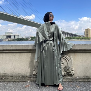 1925 #   Ensembles d'abayas en satin uni à manches longues avec ceinture et manches à volants, cardigan musulman islamique, costume abaya - Product Image 6