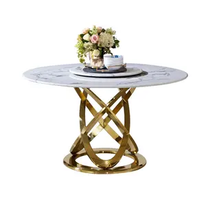 Обеденный стол в итальянском стиле из мрамора, современный минималистичный круглый стол и стул, сочетание рамы из нержавеющей стали с поворотным механизмом