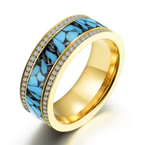 Gentdes Jewelry Gold Titanium Ring Meteorite And Turquoise And CZ Stone Inlay Mens Turquoise Ring