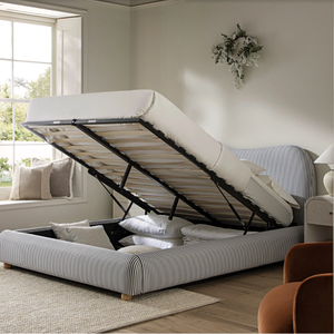 Frans landelijk gestreept gestoffeerd <span class=keywords><strong>bed</strong></span> met gebogen hoofdbord, ottomane, opbergbed, platformbed met houten poten voor de slaapkamer - Product Image 4