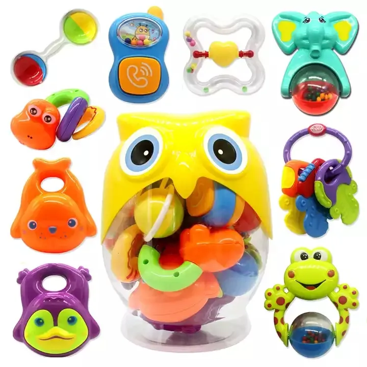 Brinquedo de coruja de plástico 9 peças, presente educacional para recém-nascidos, chocalho, brinquedo