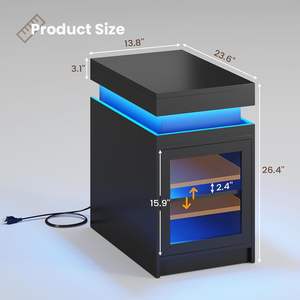 <strong>Black</strong> <strong>Narrow</strong> Side <strong>Table</strong> Sliding Top Storage Shelves and LED Lights End <strong>Table</strong> with Charging Station - Product Image 4