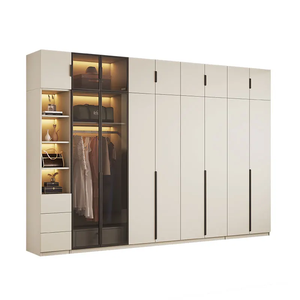 Armoire moderne personnalisée avec portes en verre à cadre noir, éclairage LED et tiroirs latéraux pour le rangement de la chambre - Product Image 4
