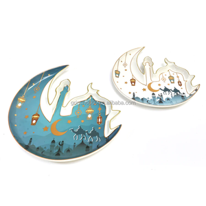 White &amp; Teal Moon &amp; Mosque Shaped Ceramic Serving Plate Porcelain Serving <strong>Iftar</strong> Refreshments <strong>Dishes</strong> Ramadan Half Moon Plates - Product Image 3