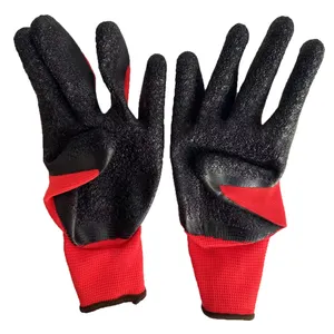 防滑13号红色尼龙涂层黑色皱纹乳胶棕榈橡胶园艺手套，用于安全施工