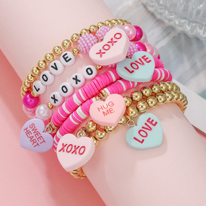 Valentine's Day Heart <b>Bracelet</b> Set Polymer Clay Love XOXO <b>Couple</b> Jewelry Fashion Accessory - Product Image 1